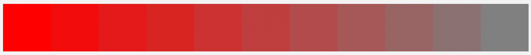 A red saturation scale with the bright, highly saturated red on the left end and the low saturated red, that looks more gray then red, on the right end and the scaled colors in between.