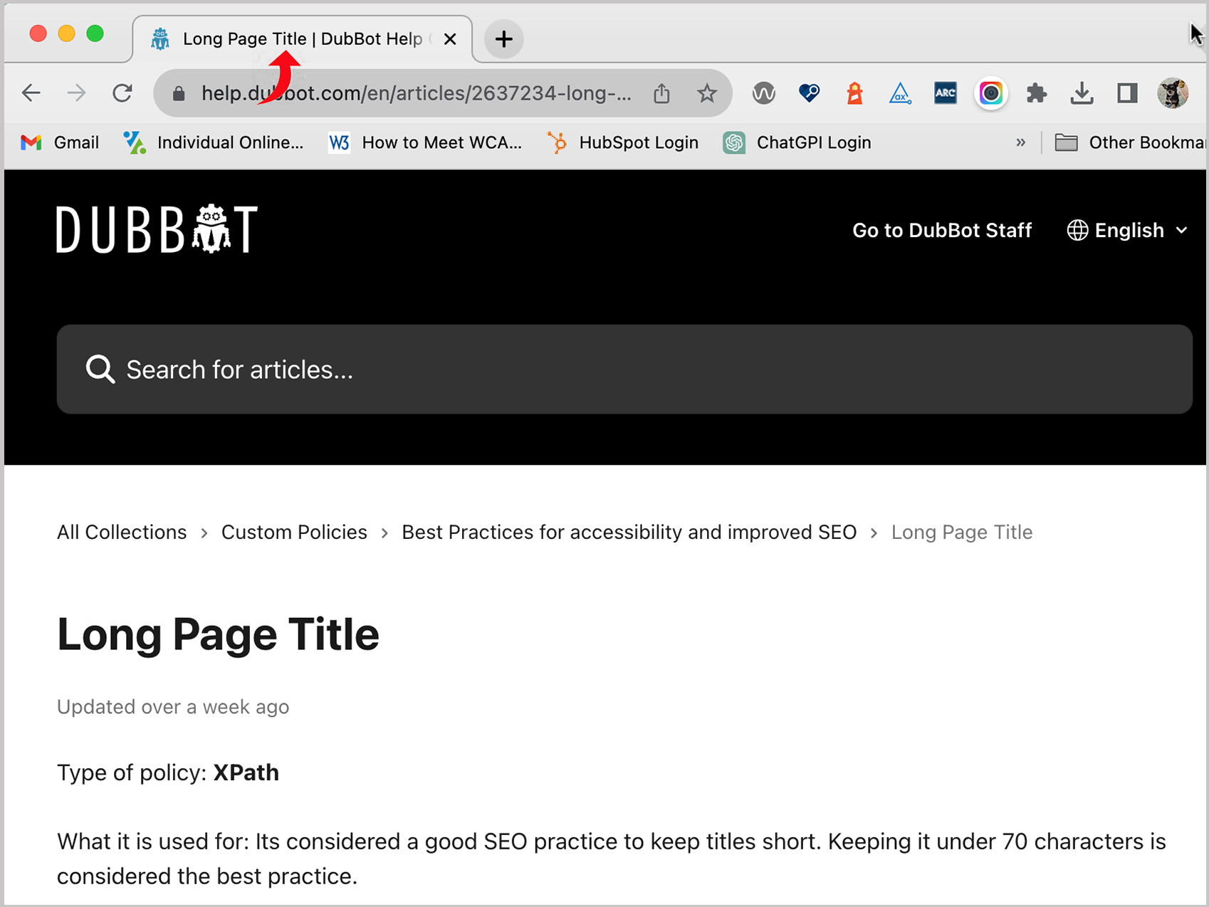 Screenshot from the Dubbot Help Center. The background color of the header is black with the DubBot logo in white. There is a red arrow pointing to the page title of Long Page Title. The body of the web page is white with black text and the page heading reads Long Page Title.