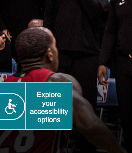 African American man in the background wearing a red sleeveless jersey. In the foreground is the accessibility button expanded to say "Explore Your Accessibility Options"