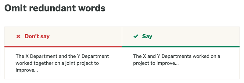 Omit redundant words. Don't say: The X Department and the Y Department worked together on a joint project to improve... | Say: The X and Y Departments worked on a project to improve...