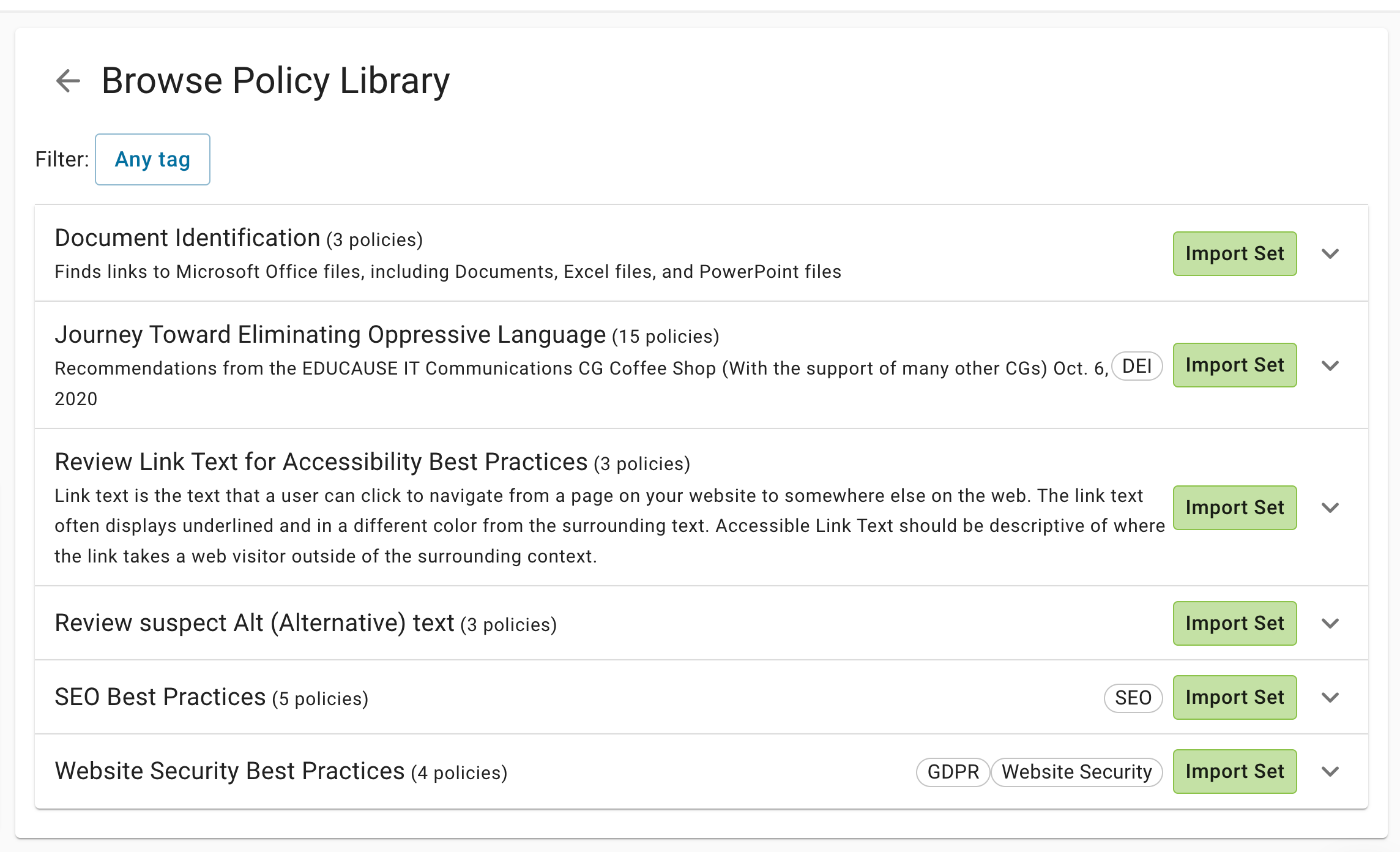 Screenshot of the available policies in the policy library. The available collections are Document Identification, Journey Toward Eliminating Oppressive Language, Review Link Text for Accessibility Best Practices, Review Suspect ALT text, SEO Best Practices and Website Security Best Practices. 