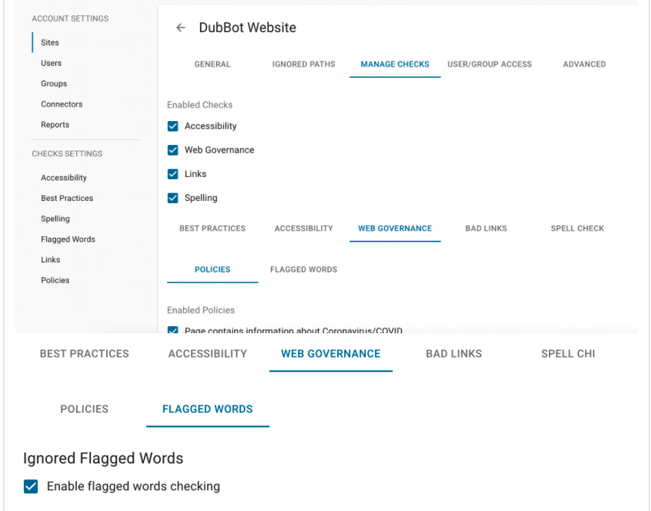Screen capture of the Site Settings screen in DubBot. Web Governance is now listed under Enabled Checks.