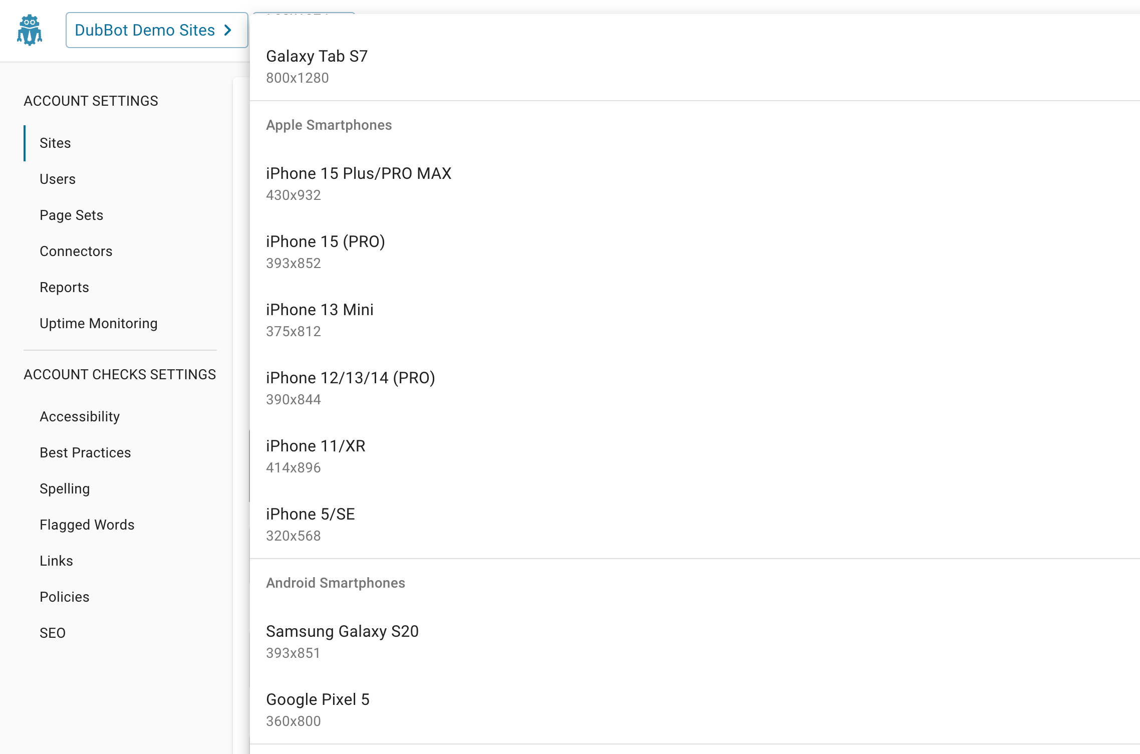 List of various viewport sizes with corresponding mobile device.