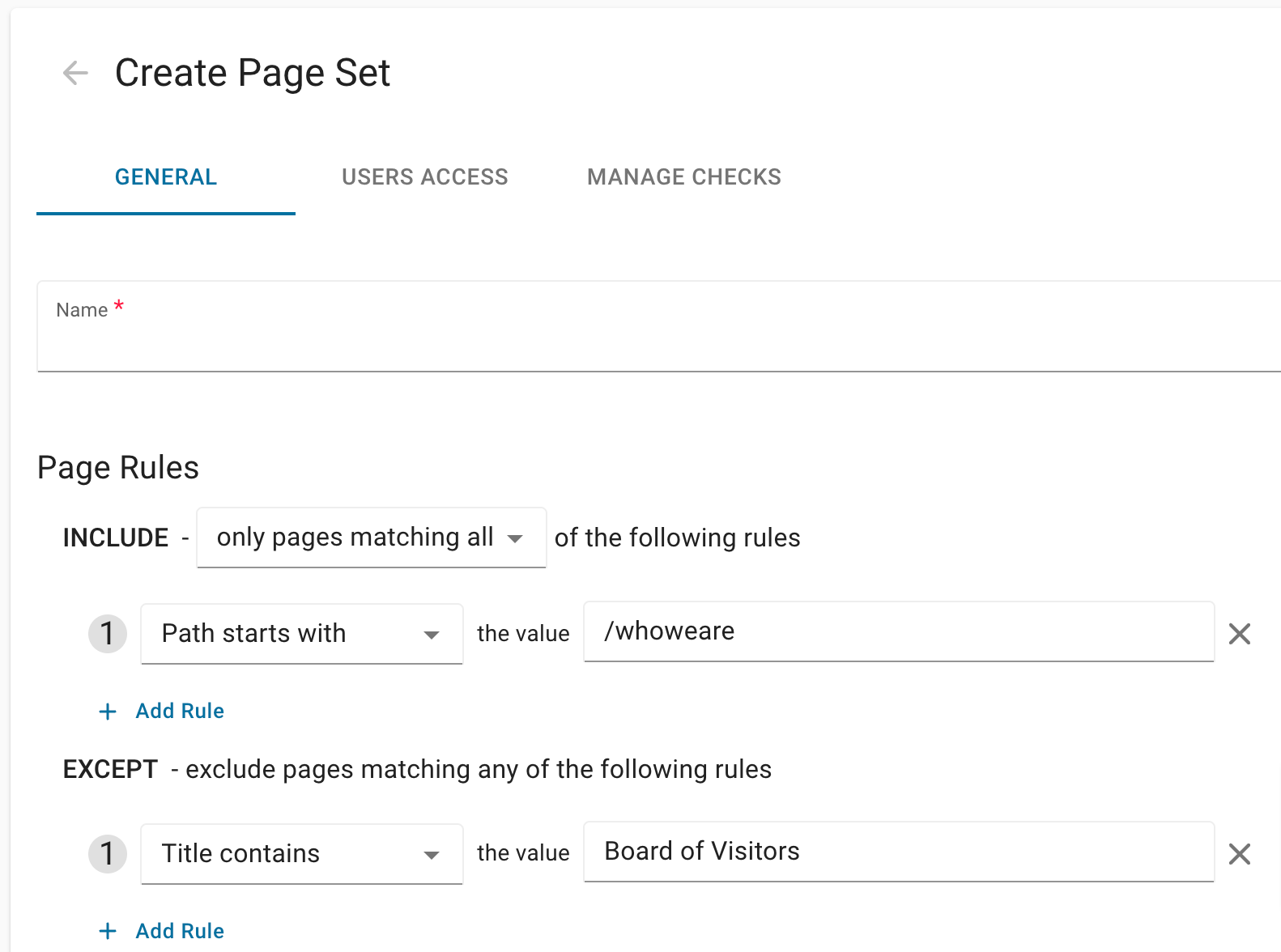 The Create Page Set screen in DubBot displaying the Page Rules section with the "Includes" drop-downs and the "Except" drop-downs used to create the rules that build user specified page sets.