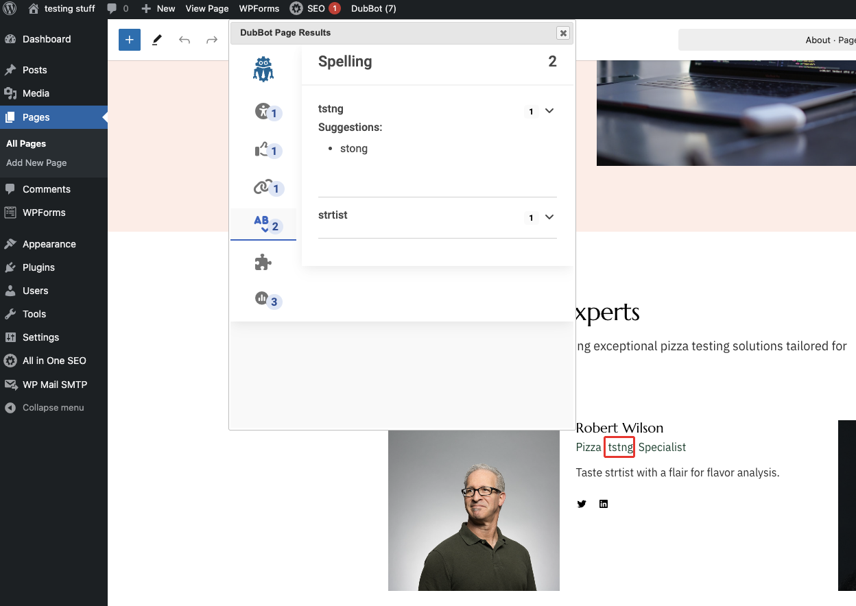 Screen shot of the DubBot WordPress module highlighting a spelling error using a red box.