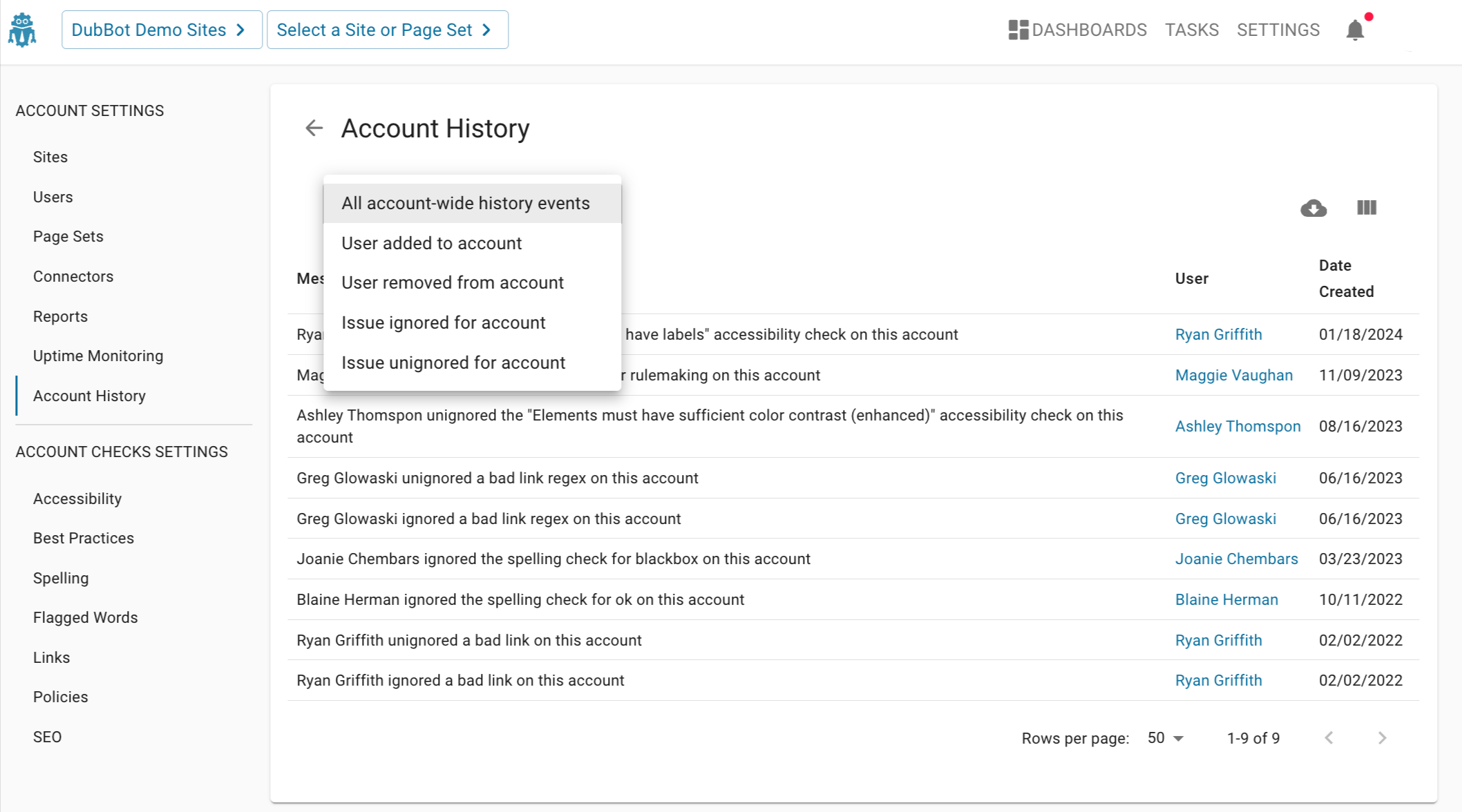 Screenshot of the Account History page inside the DubBot app. Admins can view events account-wide or they can filter issues by using the drop-down box and choosing User Added to account, User removed from account, Issue ignored for account, Issue unignored for account.
