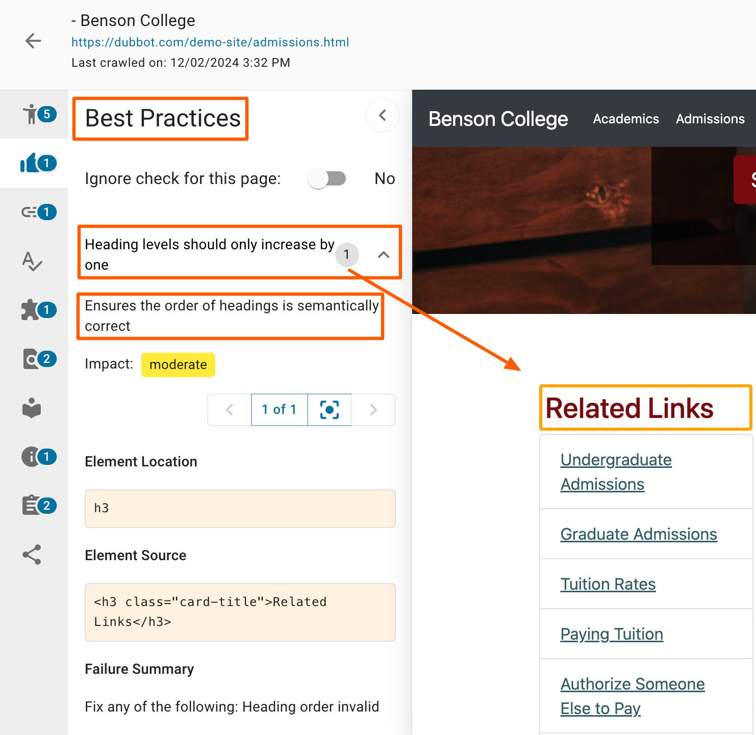 An in-page report in the DubBot app highlighting an Best Practices issue of heading levels should only increase by one. The offending header is highlighted in an orange box.