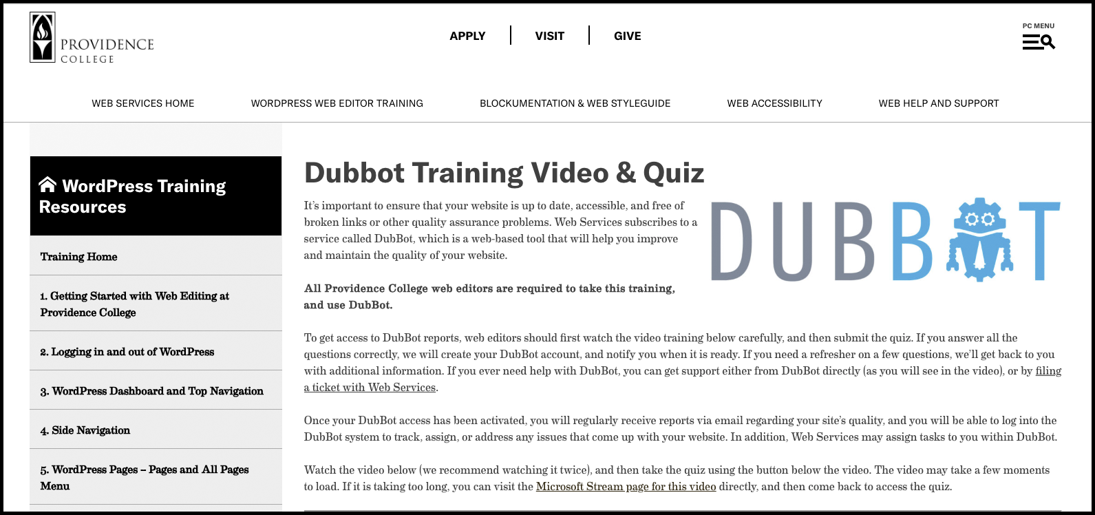 Screenshot of the DubBot Training Video & Quiz instruction page at Providence College. The information includes instructions for watching the DubBot training video and taking a required quiz.