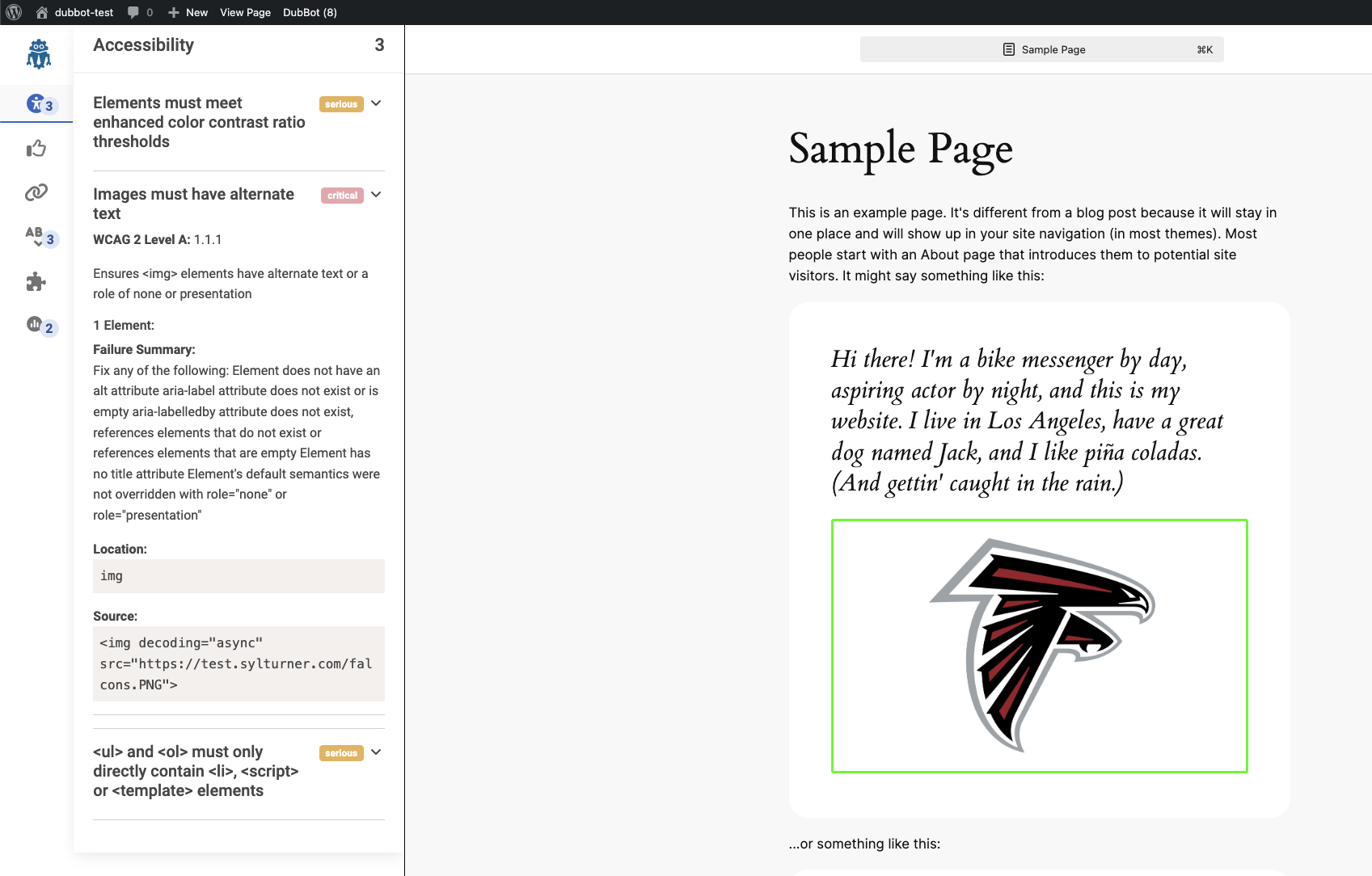 An in app issues report with an green box around an image that, according to the report, is missing ALT text.