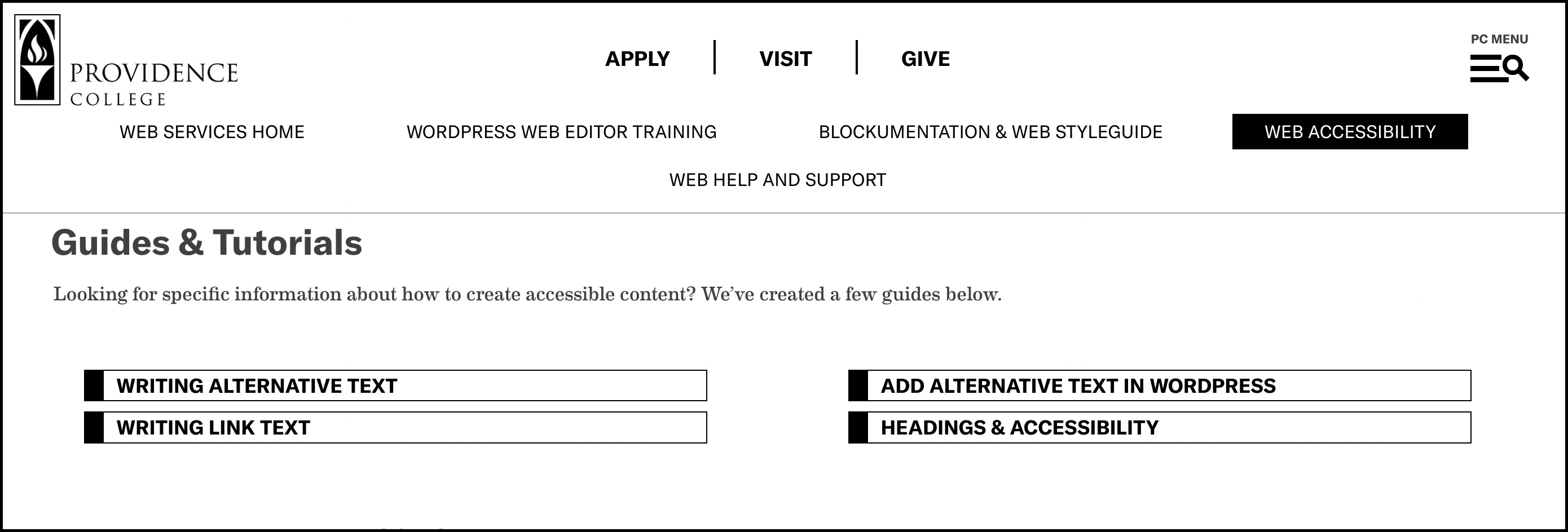 Screenshot from the Providence Web Services Guides & Tutorials webpage. Available topics include Writing Alternative Text, Writing Link Text, Add Alternative Text in Wordpress and Headings & Accessibility.