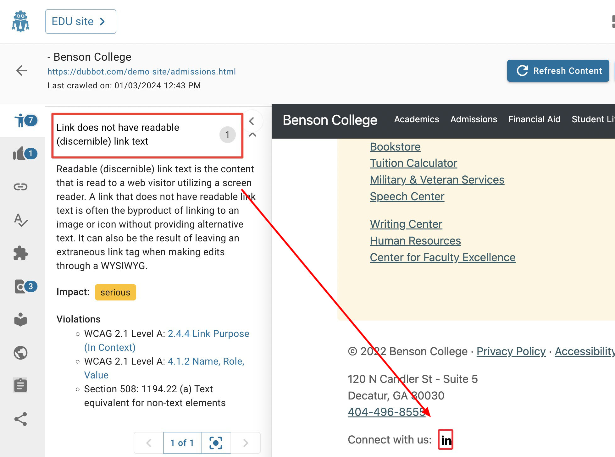 In this screenshot, a FontAwesome link to LinkedIn lacks discernible text which would allow screen reader users to understand and perceive the function of that link.