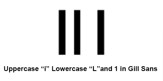 Example of imposter letters where the uppercase i, the lowercase L and the number 1 in Gill Sans all look like a vertical bar.