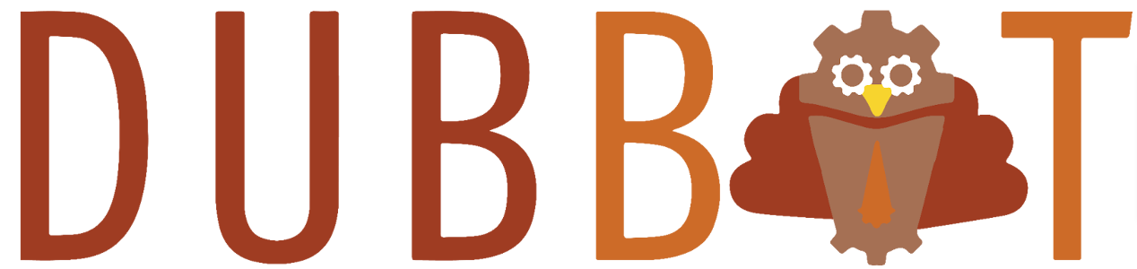 Dubby dressed as a turkey in the DubBot logo