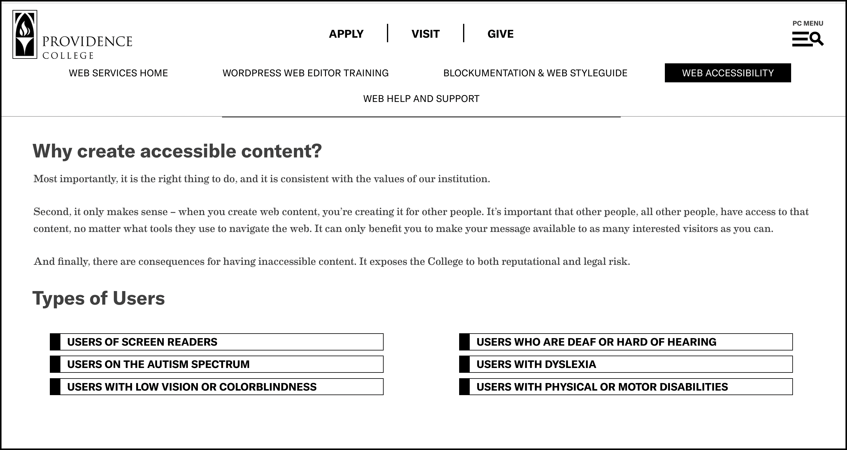 Screenshot from the Providence Web Services Why create accessible content? webpage. Available topics include Users of Screen Readers, Users on the Autism Spectrum, Users with Low Vision or Colorblindness, Users Who are Deaf or Hard of Hearing, Users with Dyslexia and Users with Physical or Motor Disabilities.