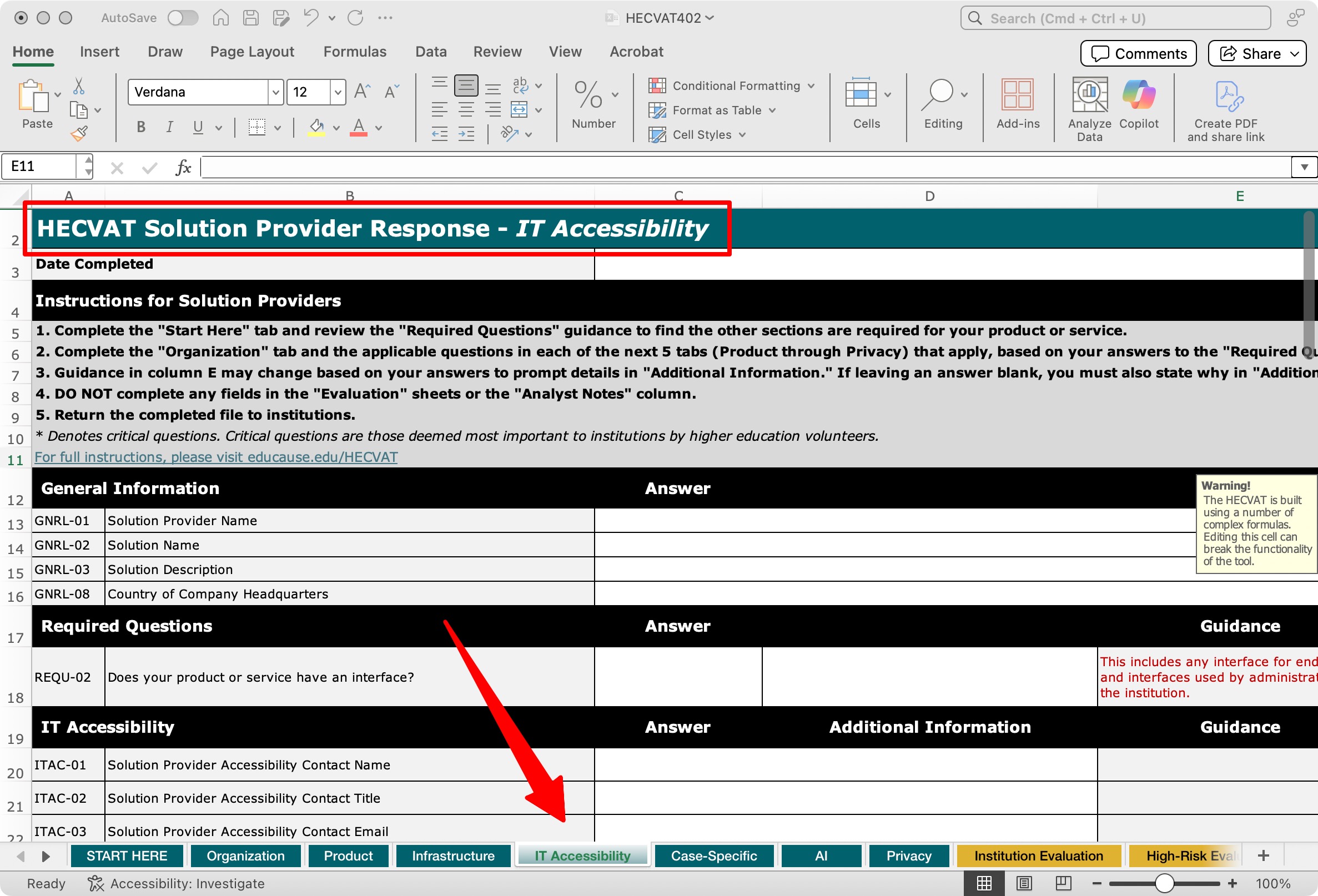 Cross section of the Accessibility tab contents from the HECVAT spreadsheet.