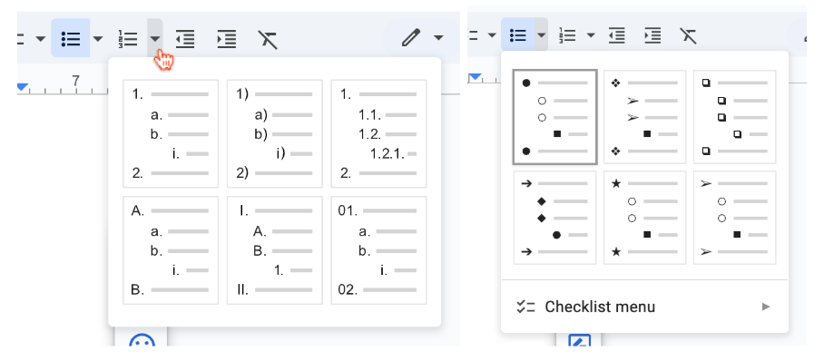 The different bullet point types available in Google docs.