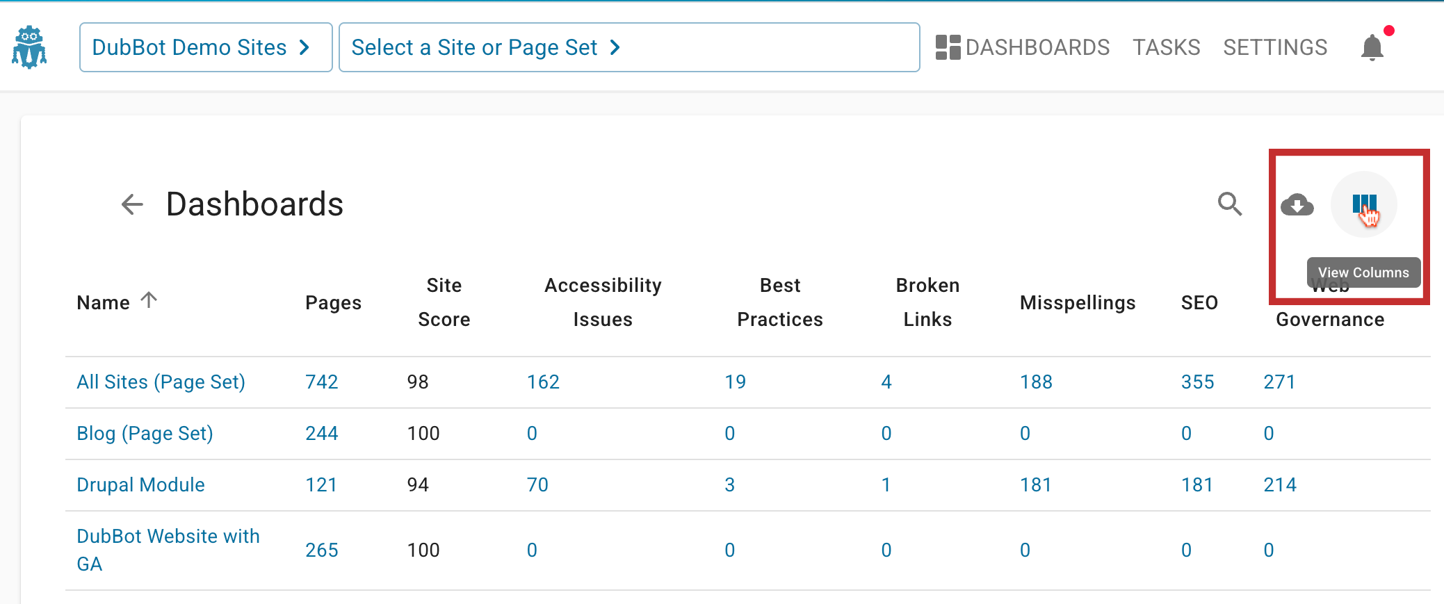 Account Dashboard, select the View Columns icon in the upper right