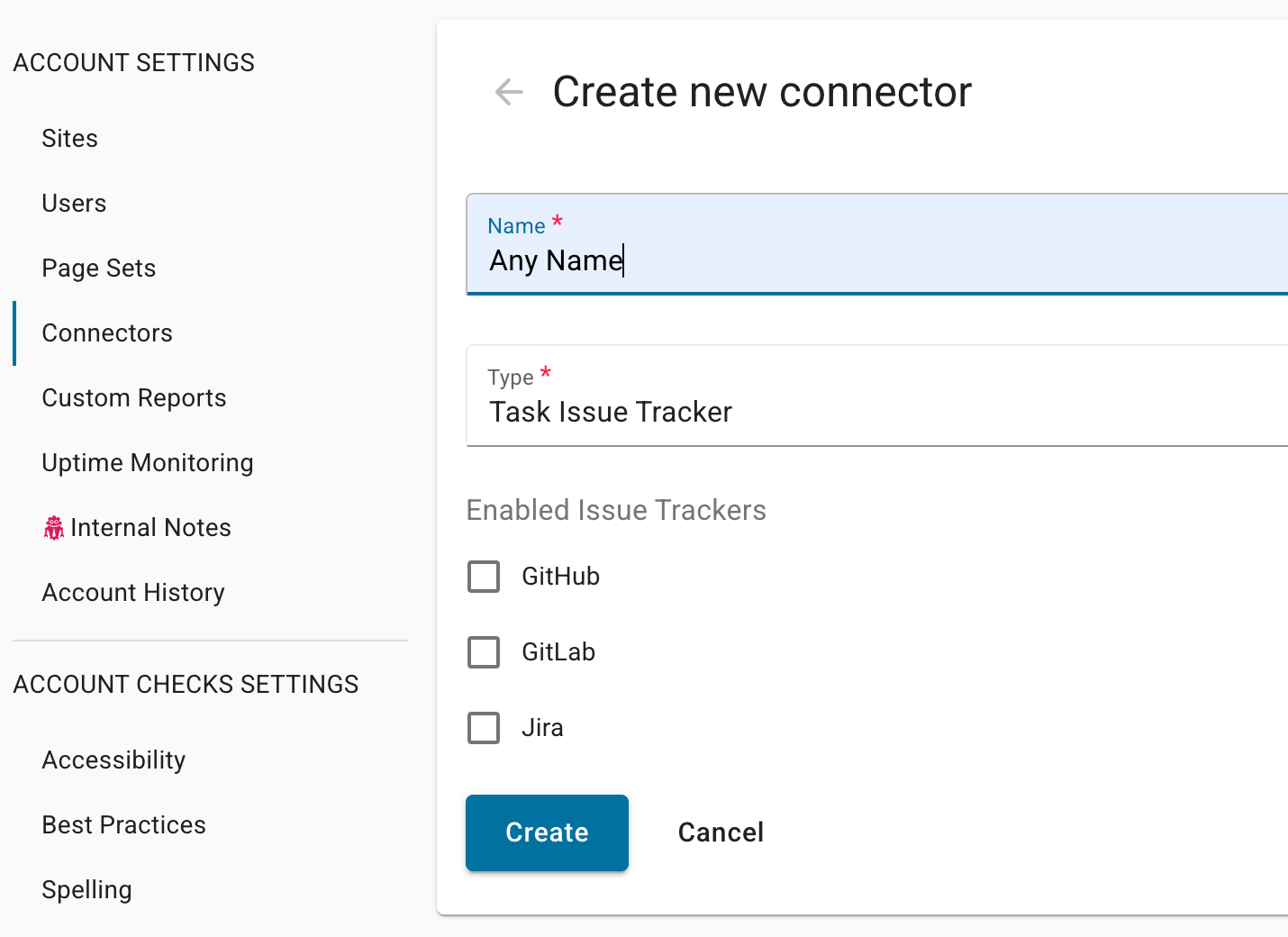 The Create new connector panel. Fields include Name, Type and Enabled Issue Trackers with available selections of GitHub, GitLab, Jira.
