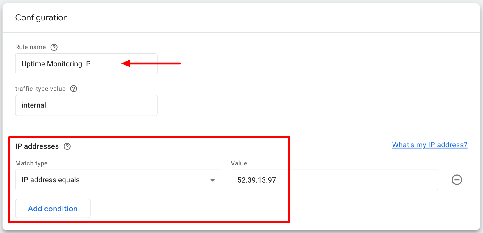 The configuration screen in GA4 to set up rules for filtering IP addresses. There is a red box around the one condition set to exclude the Uptime Monitoring crawler. The condition includes the IP address for Uptime Monitoring.