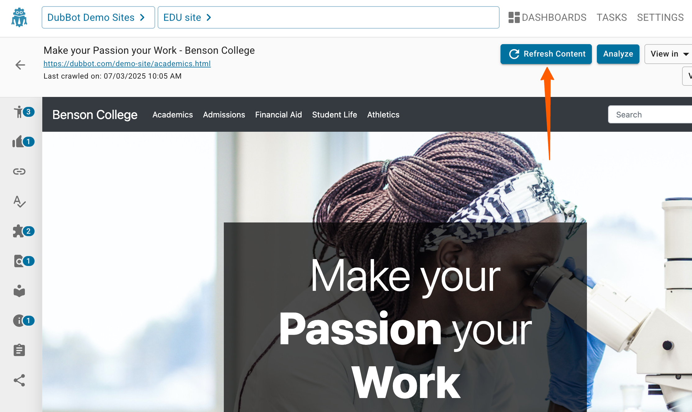 The Detailed View of the Make your Passion your Work page. There is an orange arrow pointing to the button titled Refresh Content.