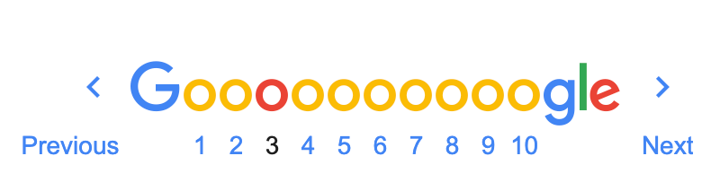 The Google pagination that appears at the bottom of a search engine results page.  The letter G is at the beginning of the list of pages, the O is above each number in the page list, in this case that number is 10, the letters G L E are at the end of the list.