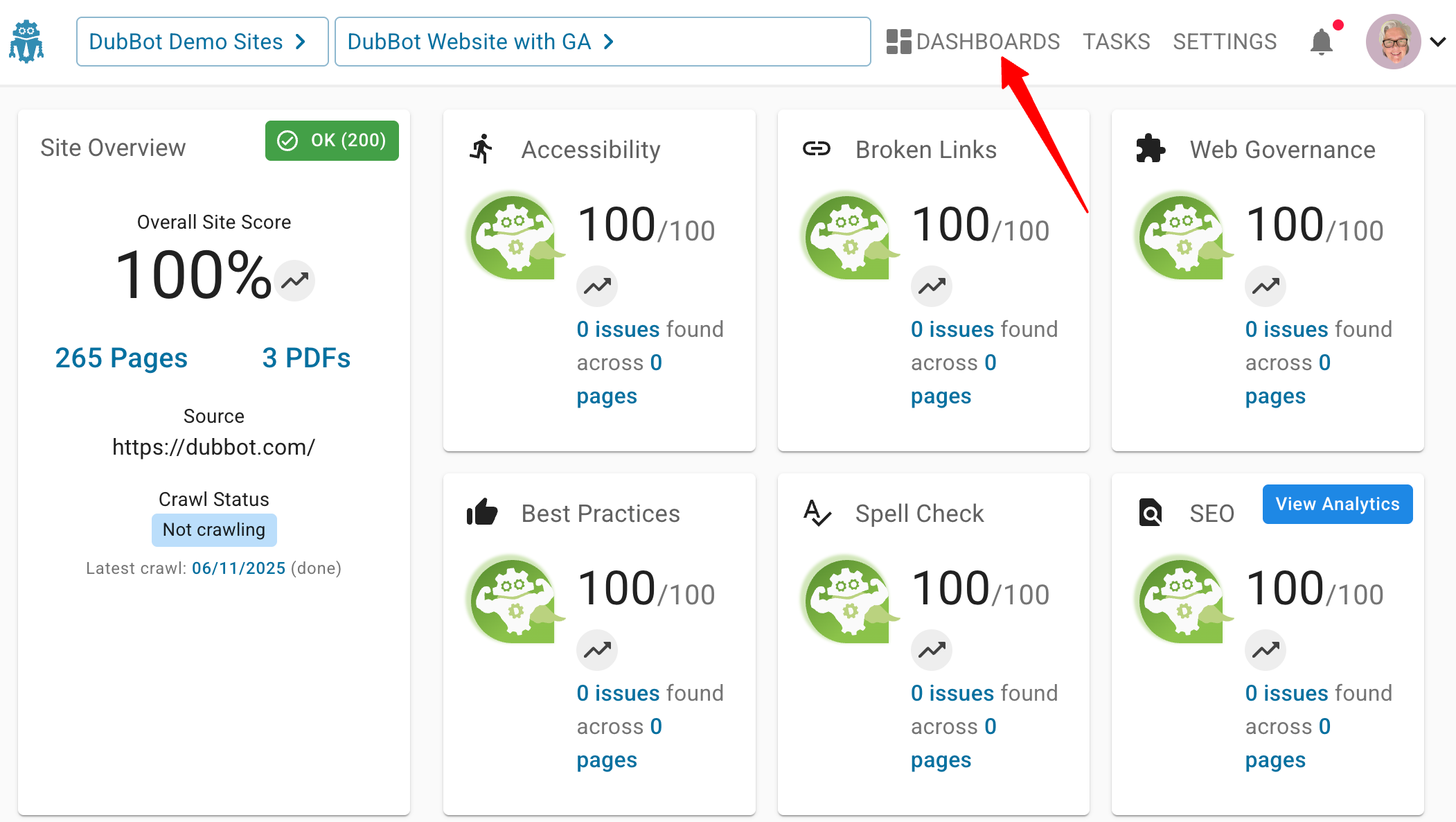 Site Dashboard for DubBot Website with GA.