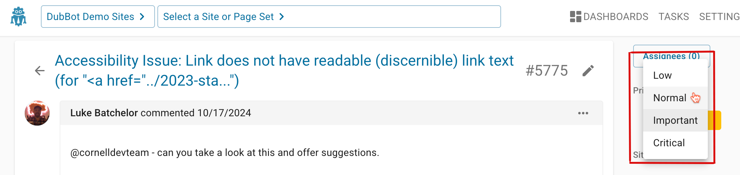 Specific task assignment with the drop down box containing selections of Low, Normal, Important and Critical.