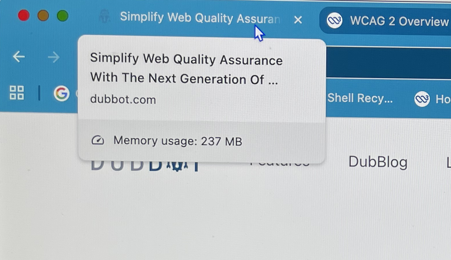 Close-up of the browser tab with the DubBot home page title of Simplify Web Quality Assurance With The Next Generation Of Automated Software.