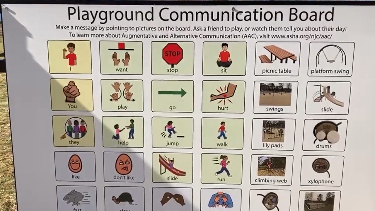Keyword / Topic communication board about a playground. The small open squares have drawings related to playgrounds like sliding boards, picnic tables, swings, lily pads.