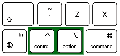 A cross-section of a Mac keyboard. The control and option keys have a green box behind them to highlight them as the two keys that create the VO key.