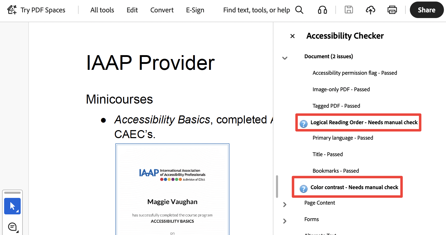 An example of a PDF document after a standard accessibility check in Acrobat. Two issues were flagged, each with a red box around it for highlight. Those issues are Logical Reading order - Needs manual check and Color contrast - needs manual check.
